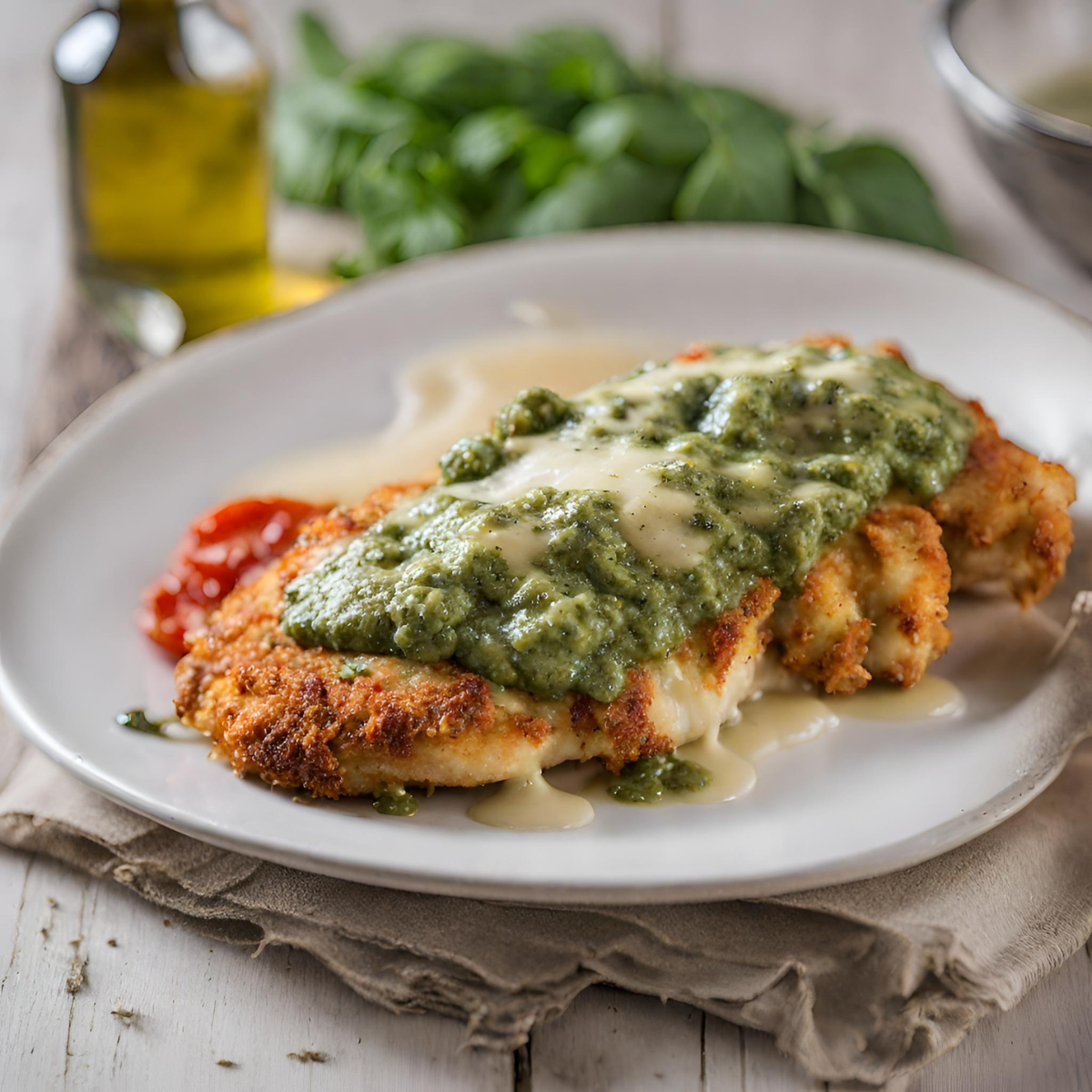 parmesano de pollo crujiente con aceite de oliva y pesto